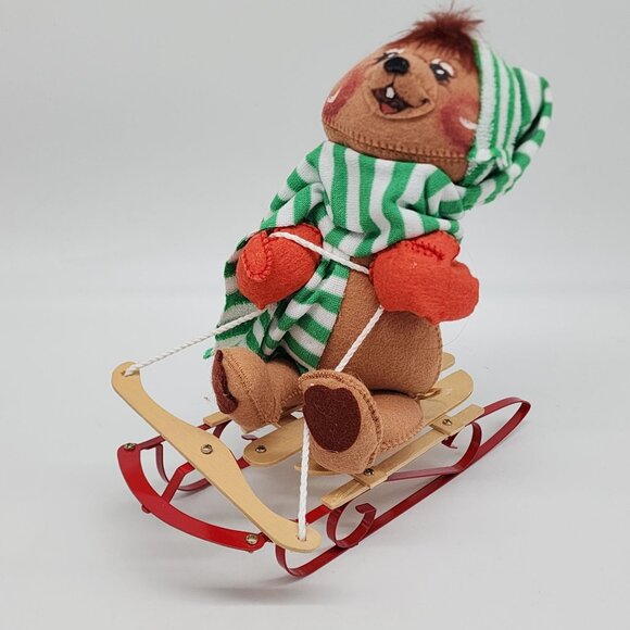 1988 Annalee Bear on Wood Sled 10" Tall Green White Scarf Christmas Decor VTG - Picture 2 of 8